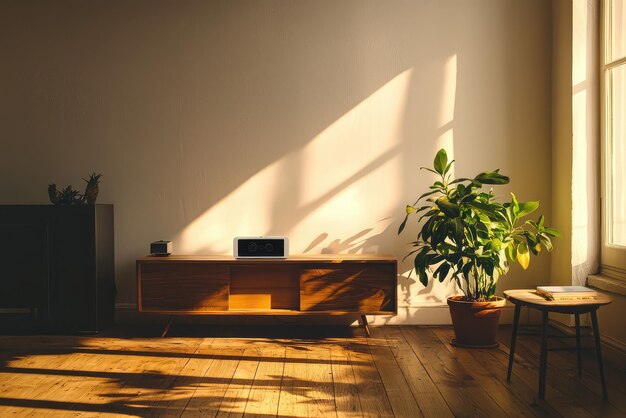 Photo bask in the serenity of a sunlit minimalist living room with modern hidden technology