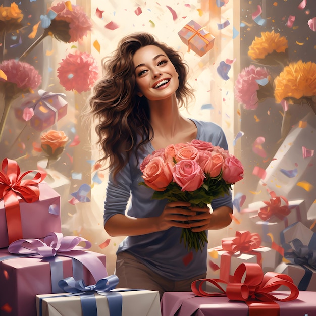 Bask in the warmth of love and appreciation as a woman is surrounded by a variety of gift boxes and bouquets of flowers beautifully depicted in photorealistic style