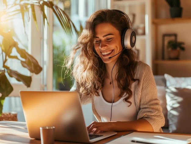 Basked in golden hour light a joyful woman finds connection in a virtual world her smile a bridge