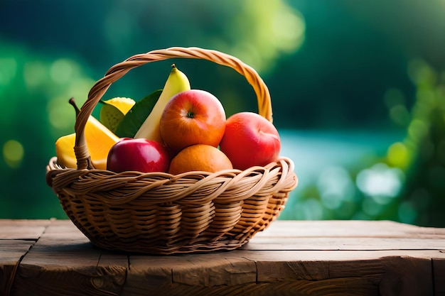 A basket of apples and bananas on wooden table