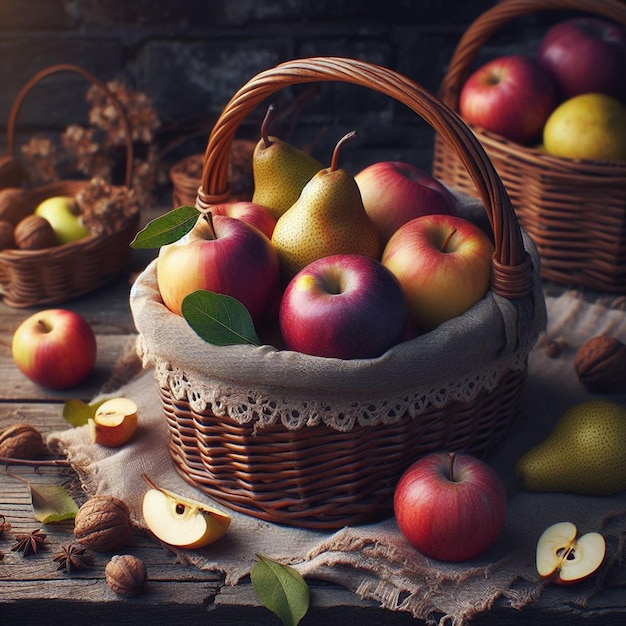 A basket of apples and a basket of apples on a table