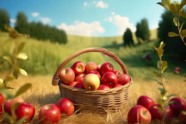 Basket of apples in a field with a green field in the background