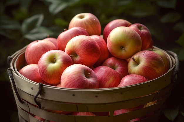 A basket of apples is shown with the word apple on the bottom.