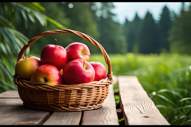 A basket of apples is sitting on a table in front of a forest.