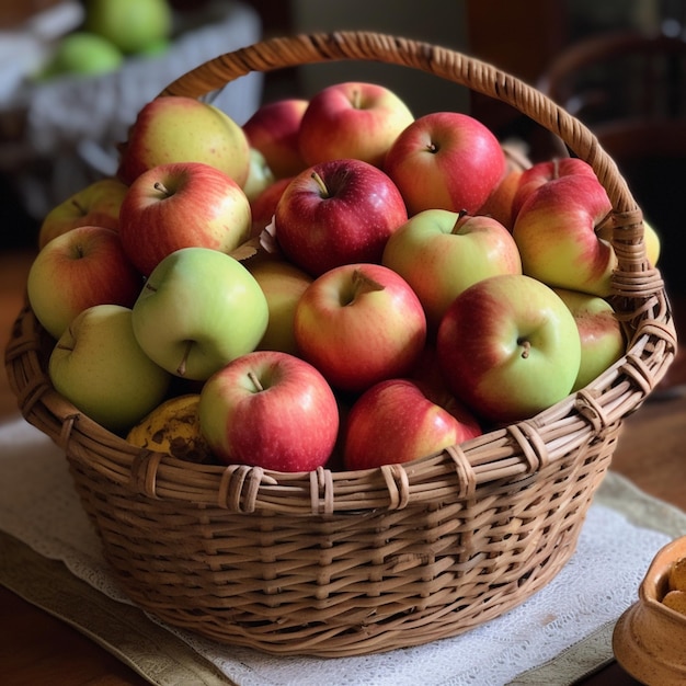 A basket of apples is on a table next to a bowl of apples.