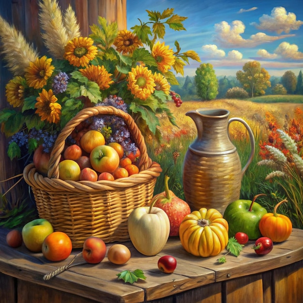 a basket of apples and a jug of apple cider