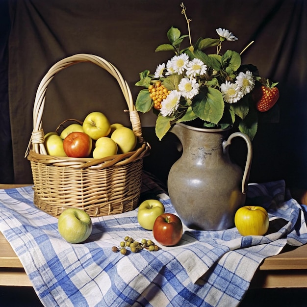 a basket of apples and a jug of apple cider