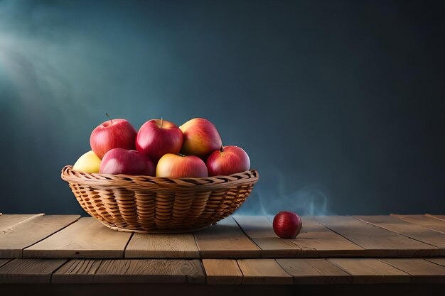 A basket of apples on a table with a blue background.