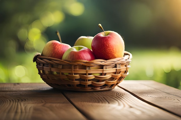 a basket of apples on a table with a blurred background.