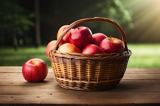 A basket of apples on a table with a green background