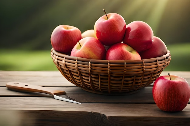 A basket of apples on a table with a knife next to it