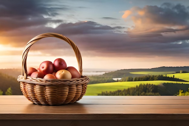 Basket of apples on a table with a landscape in the background