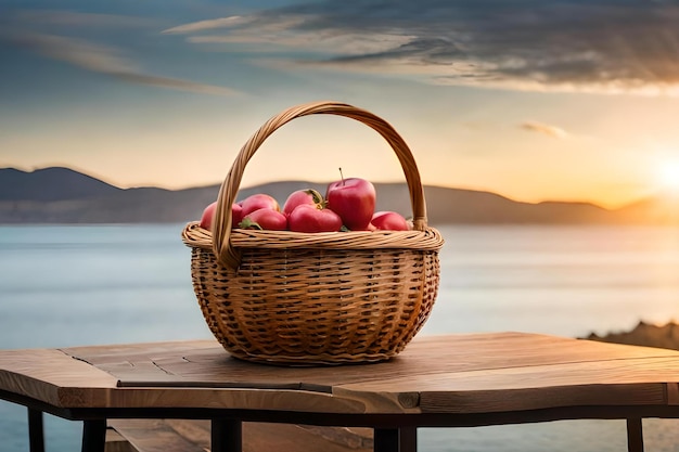 A basket of apples on a table with a sunset in the background