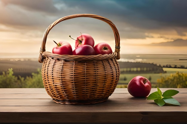 Basket of apples on a table with a sunset in the background