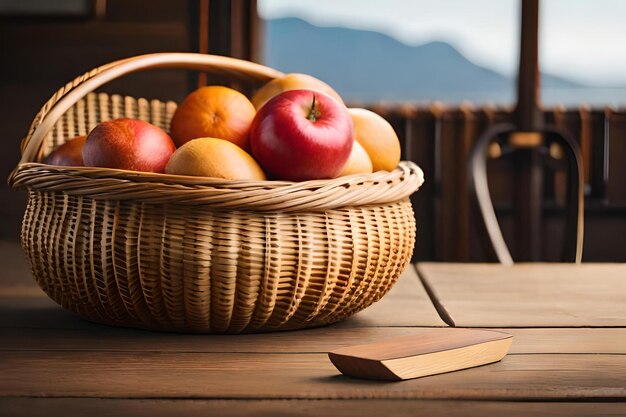 A basket of apples on a table with a wooden handle