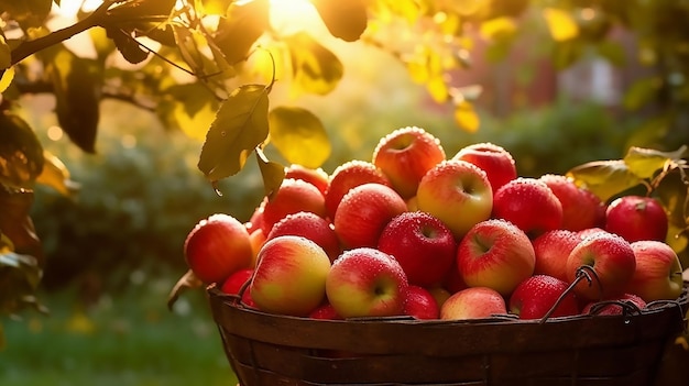 A basket of apples that are in front of a tree.