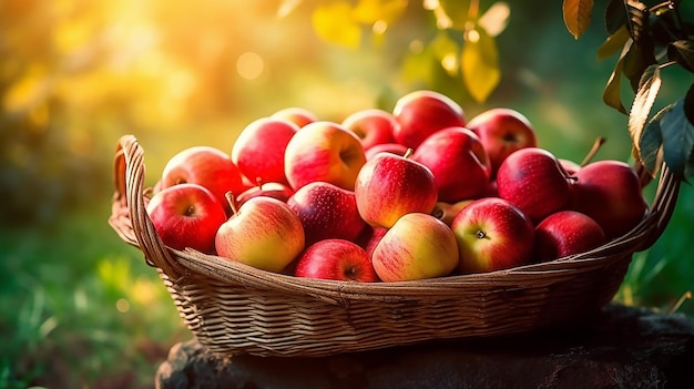 Basket of apples on a tree branch with sun shining through the background