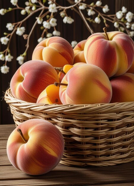 Photo a basket of apples with a bunch of flowers in the background