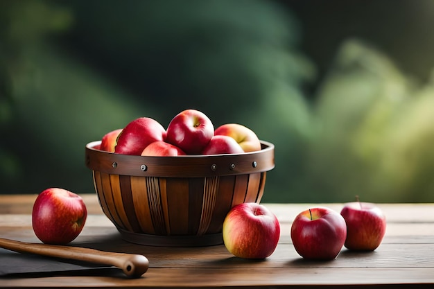 A basket of apples with a green background behind it