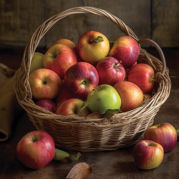 A basket of apples with a leaf on the side