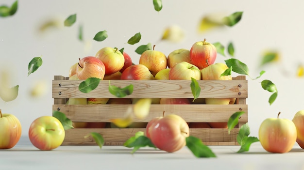 a basket of apples with leaves and leaves on a table