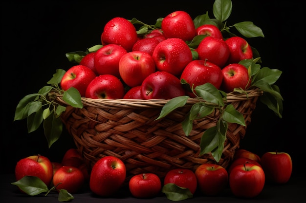 a basket of apples with leaves