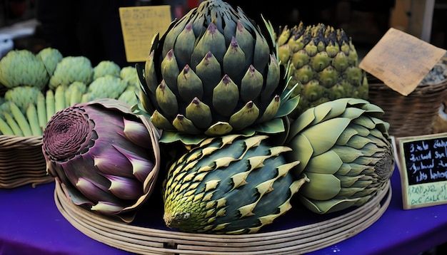 A basket of artichokes sits on a purple tablecloth.