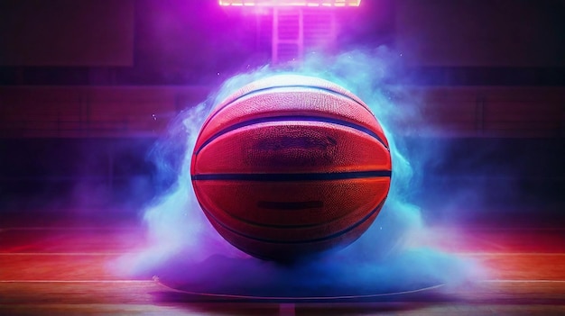 basket ball in textured basketball game field with neon fog center midfield