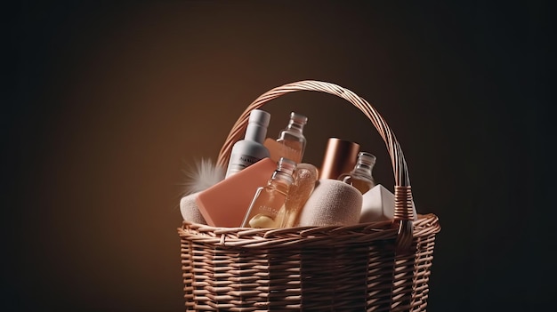 A basket of beauty products Web banner with copy space Generative AI