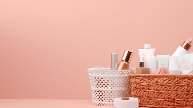 A basket of beauty products Web banner with copy space Generative AI