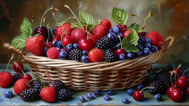 a basket of berries and blueberries with a strawberries in the middle