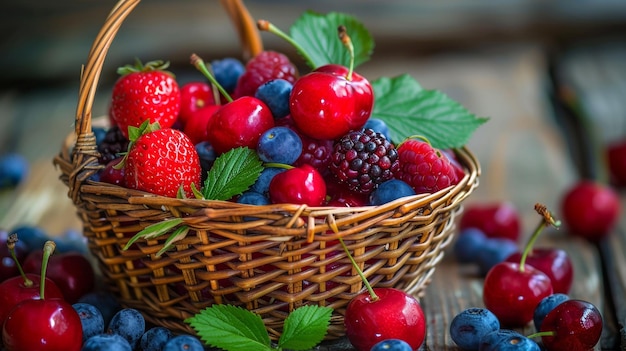 a basket of berries and raspberries with a wooden stick