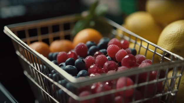 A basket of berries sits on a table with a lemon and a lemon.