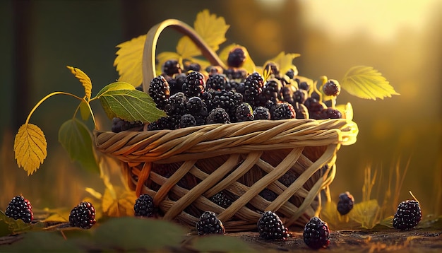 A basket of blackberries sits on a wooden table.