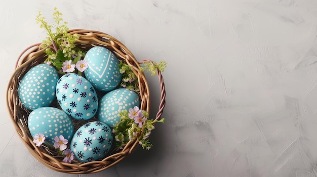 Basket of Blue Patterned Easter Eggs Decorated with Flowers and Space