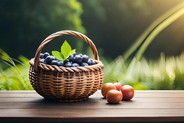 A basket of blueberries sits on a table in front of a garden.