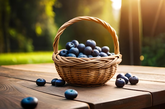 A basket of blueberries sits on a table.