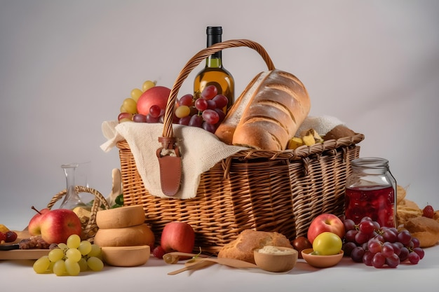 A basket of bread and grapes with a bottle of wine in the background