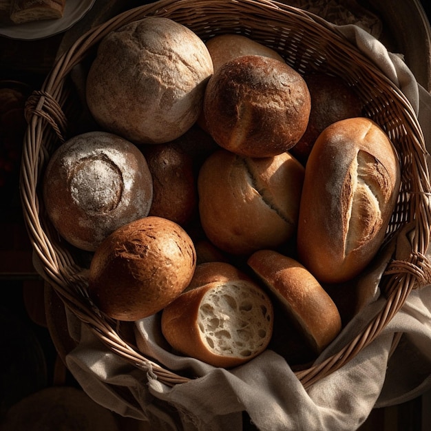 A basket of bread is on a cloth in front of a cloth