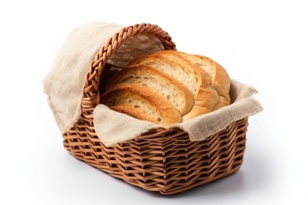 A basket of bread is shown with a cloth in it.