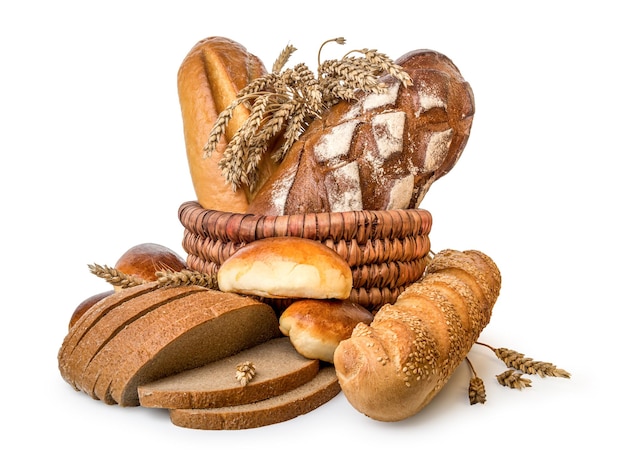 Basket of bread isolated on a white background