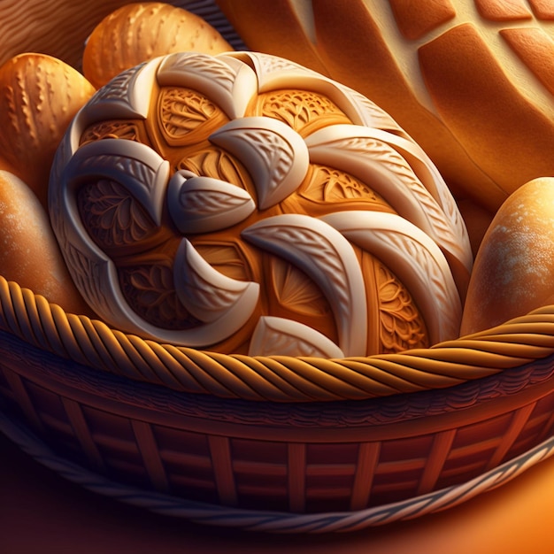 A basket of bread with a flower design on it