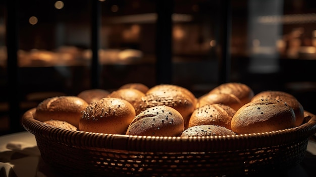 A basket of breads in a bakery