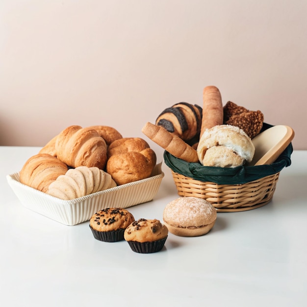 a basket of breads and some other items on a table