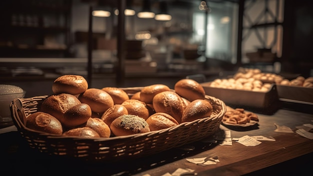 A basket of breads on a table with a plate of food in the background