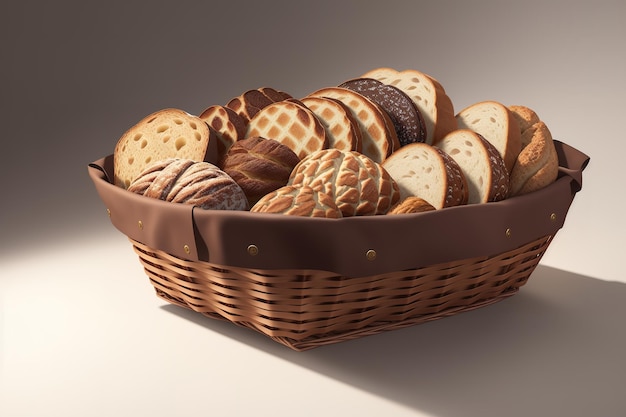 A basket of breads with a brown basket that says'bread'on it