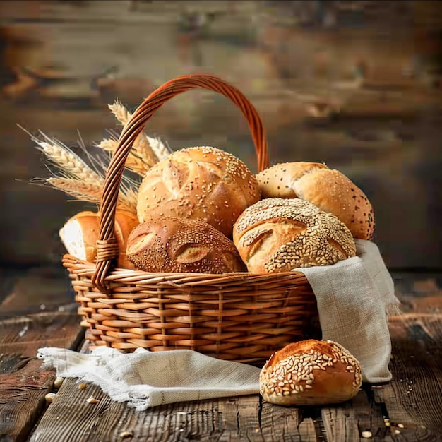 a basket of breads with a bunch of buns on it