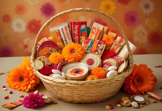 a basket of candy and candy including a box of coca cola