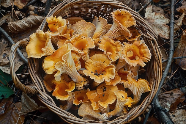 Photo basket of chanterelle mushrooms in autumn foliage