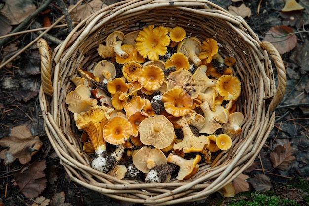 Photo basket of chanterelle mushrooms in the forest